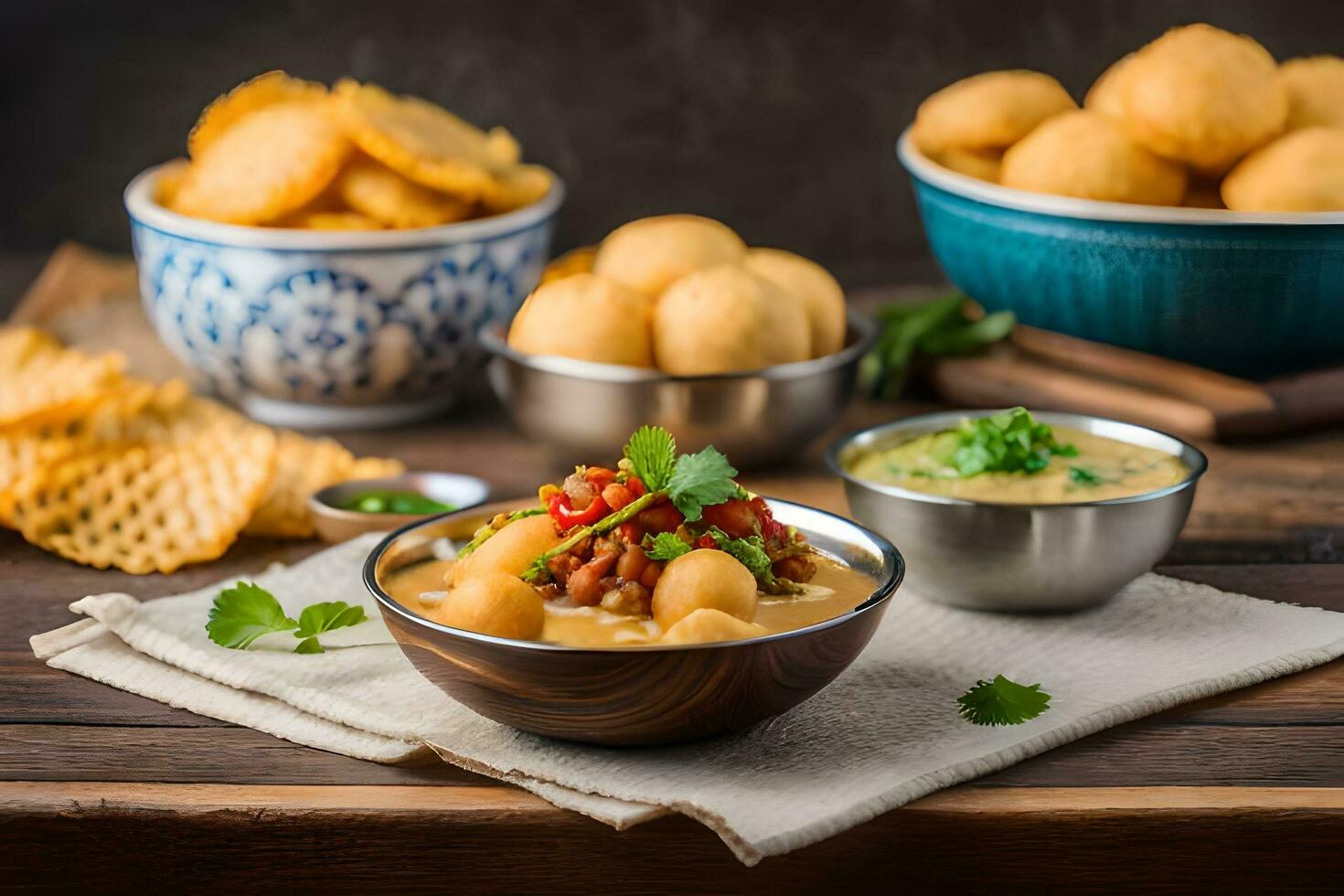 a bowl of potato chips, a bowl of soup and a bowl of chips. AI-Generated photo