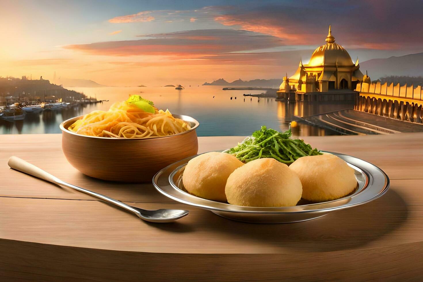 chinese food with noodles and dumplings on wooden table with sunset in background. AI-Generated photo