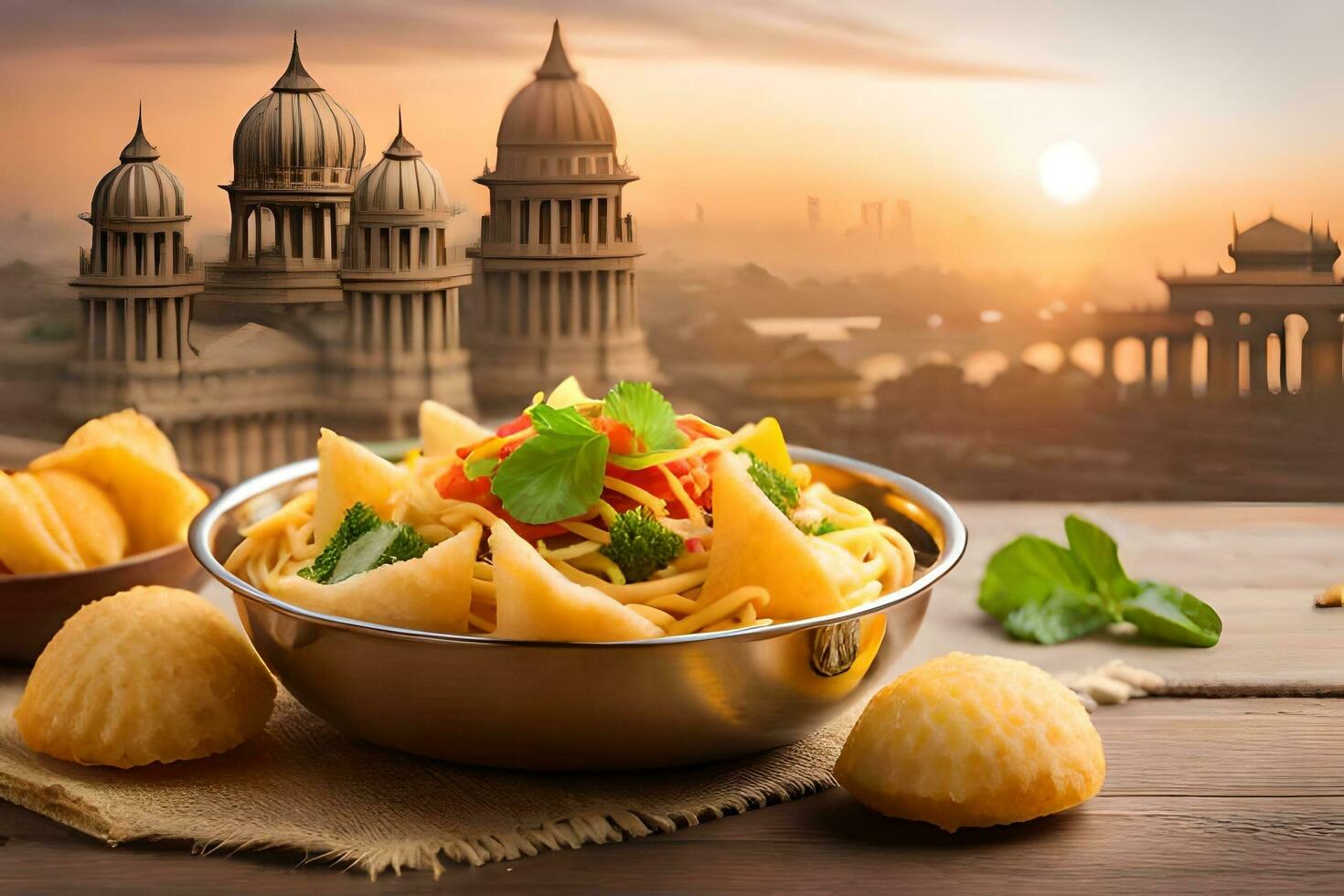 indian food in a bowl with a view of the city. AI-Generated photo