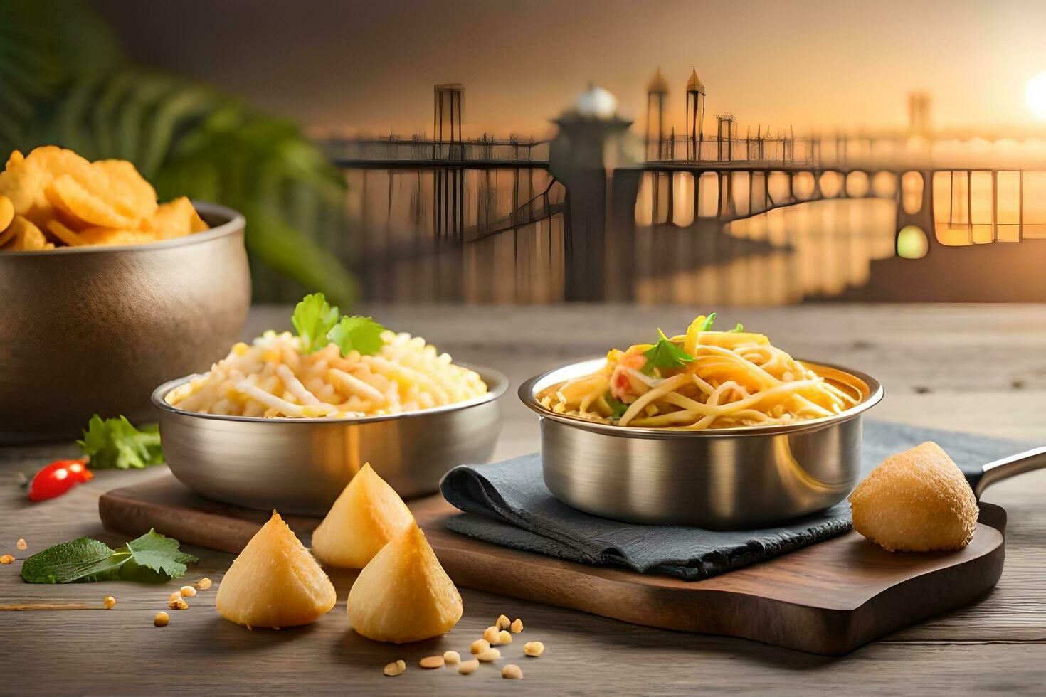 indian food on wooden table with sunset in background. AI-Generated photo