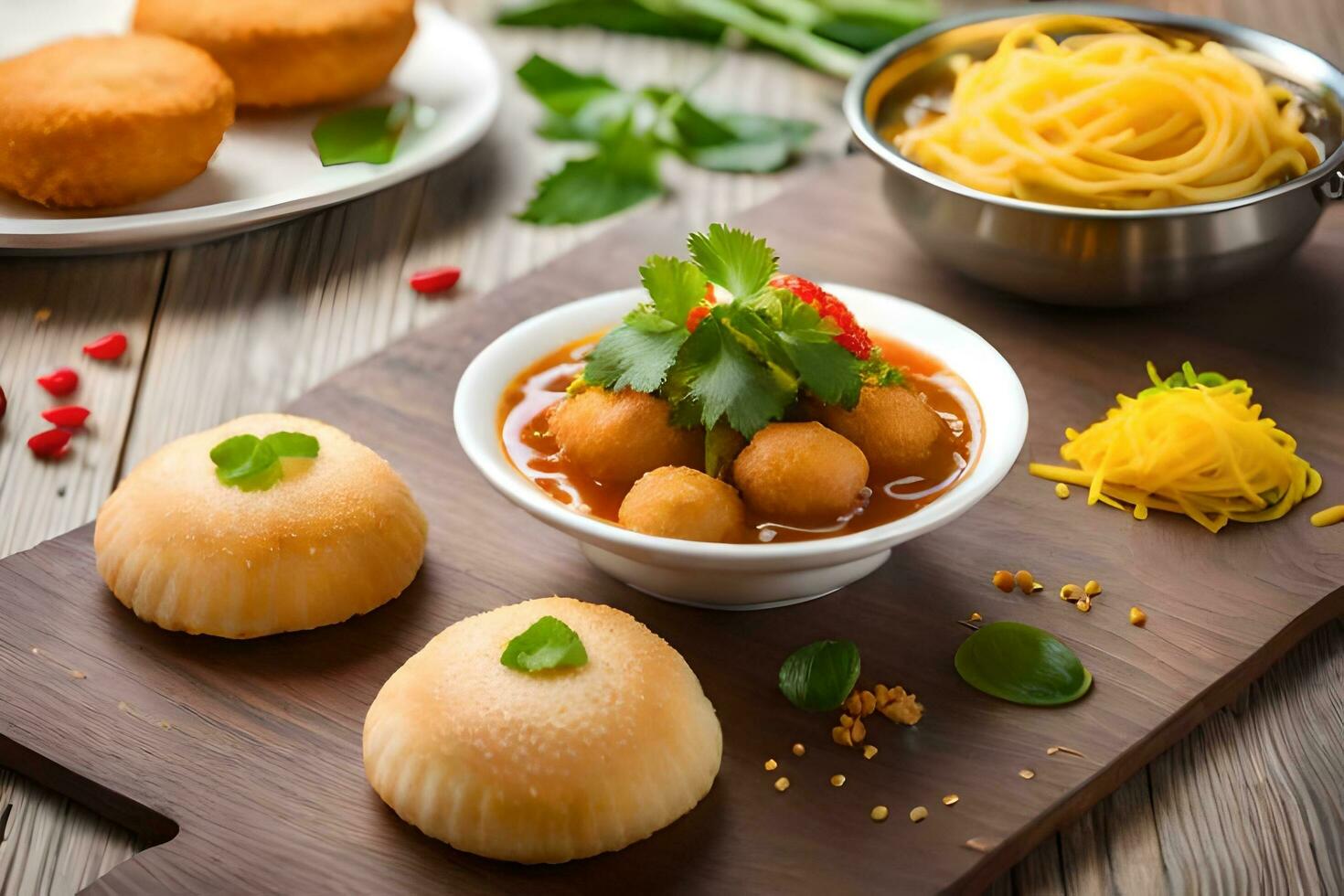 chinese food with noodles and meatballs on a wooden table. AI-Generated photo