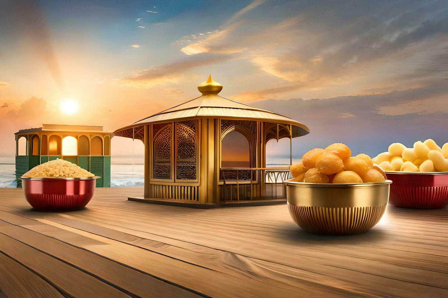 indian food on wooden table with golden gazebo at sunset. AI-Generated photo