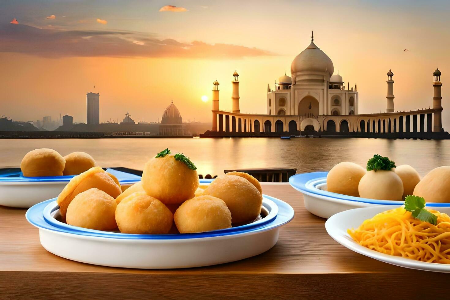 indian food in bowls on a table with a view of the taj mahal. AI-Generated photo