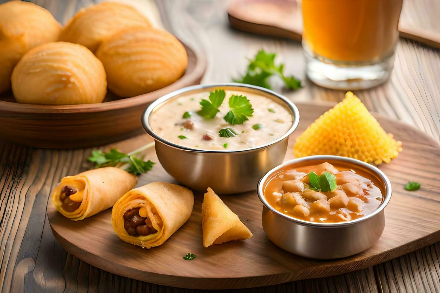 indian food on a wooden table with a glass of beer. AI-Generated photo