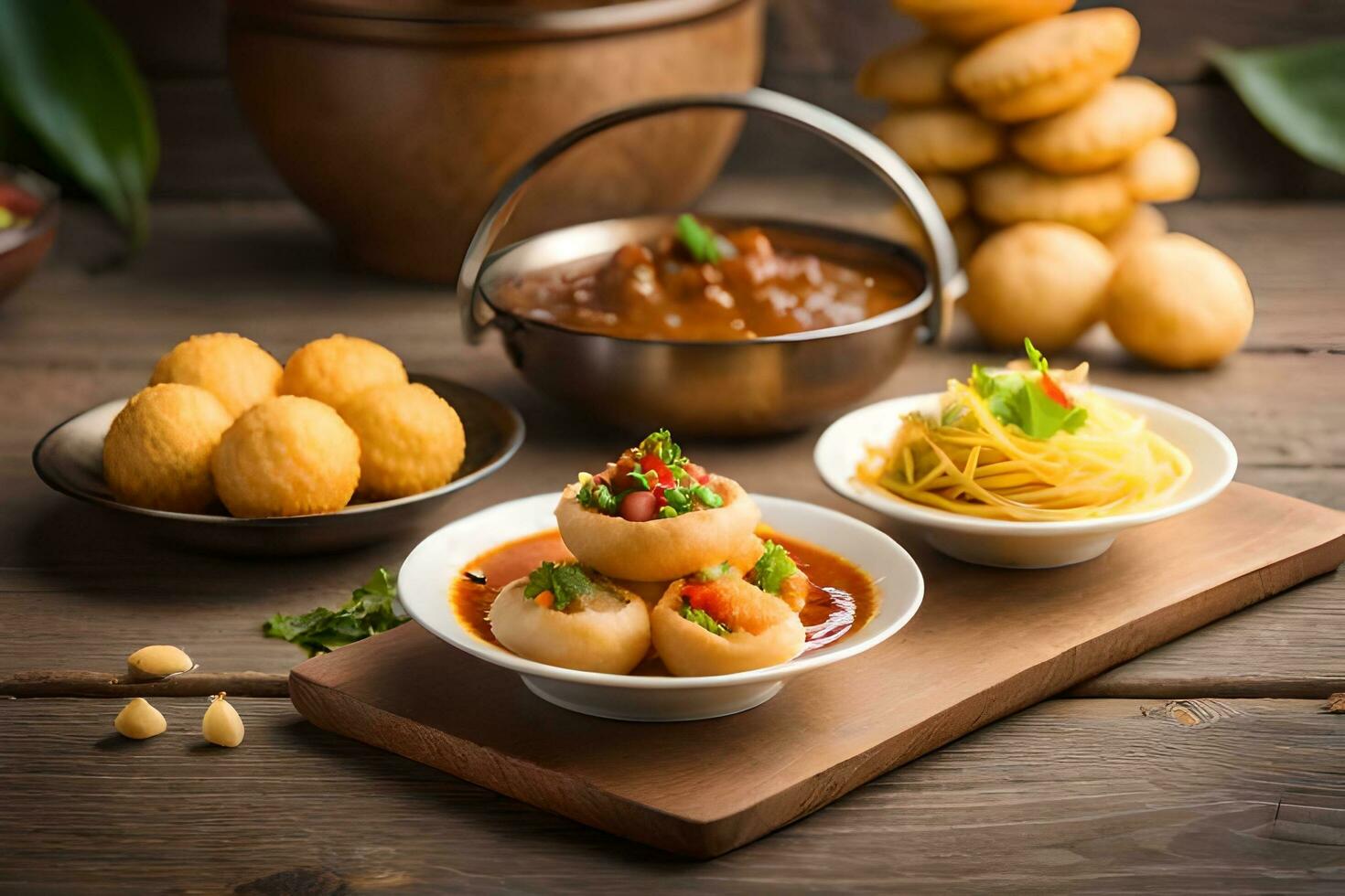 various dishes of food are on a wooden table. AI-Generated photo