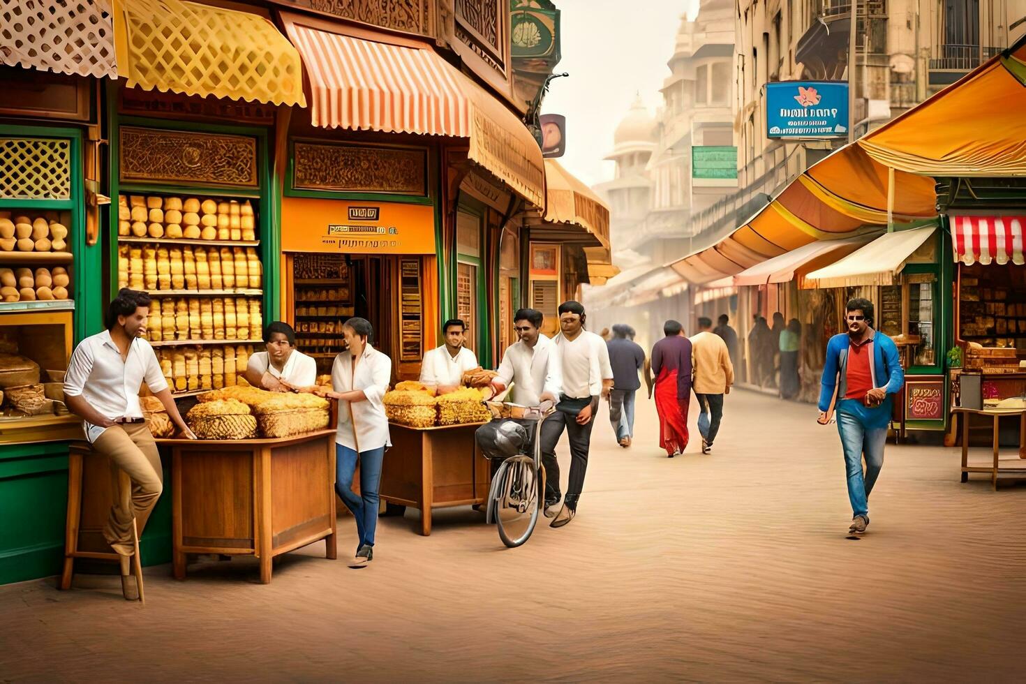 people walking down the street in an open air market. AI-Generated photo