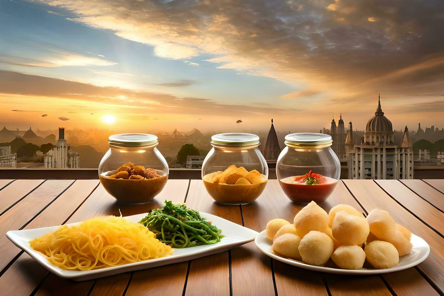 various dishes are on a table with a view of the city. AI-Generated photo