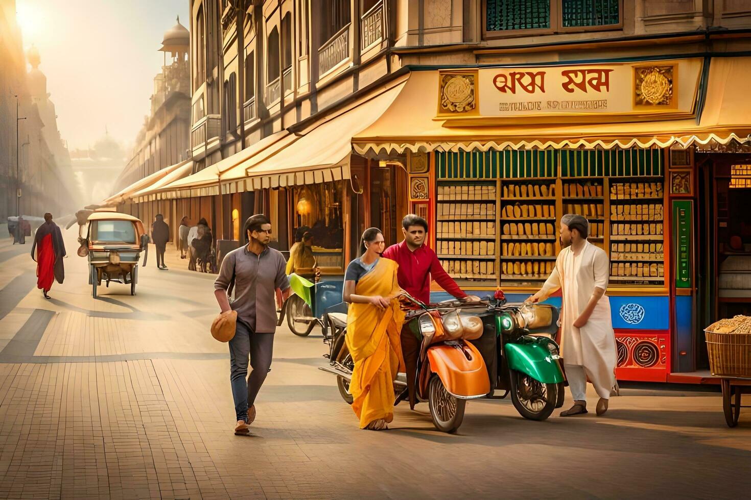 a man and woman walking down the street with a motorbike. AI-Generated photo