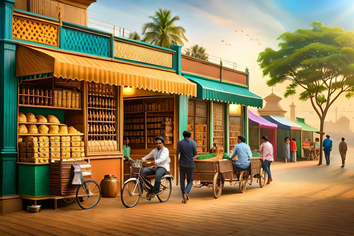 a street scene with people walking around and shopping. AI-Generated photo