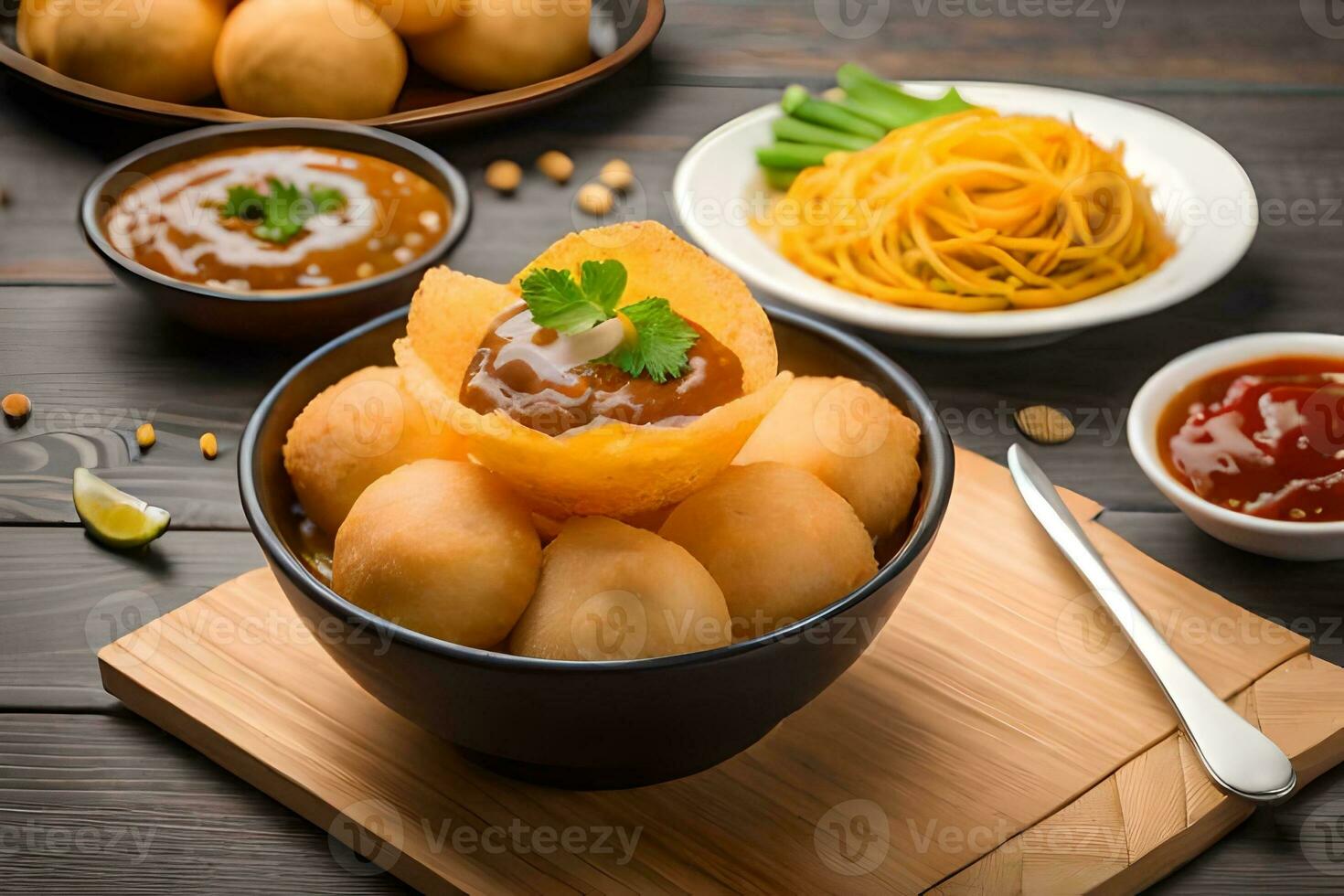 a bowl of food with meat balls and sauce. AI-Generated photo