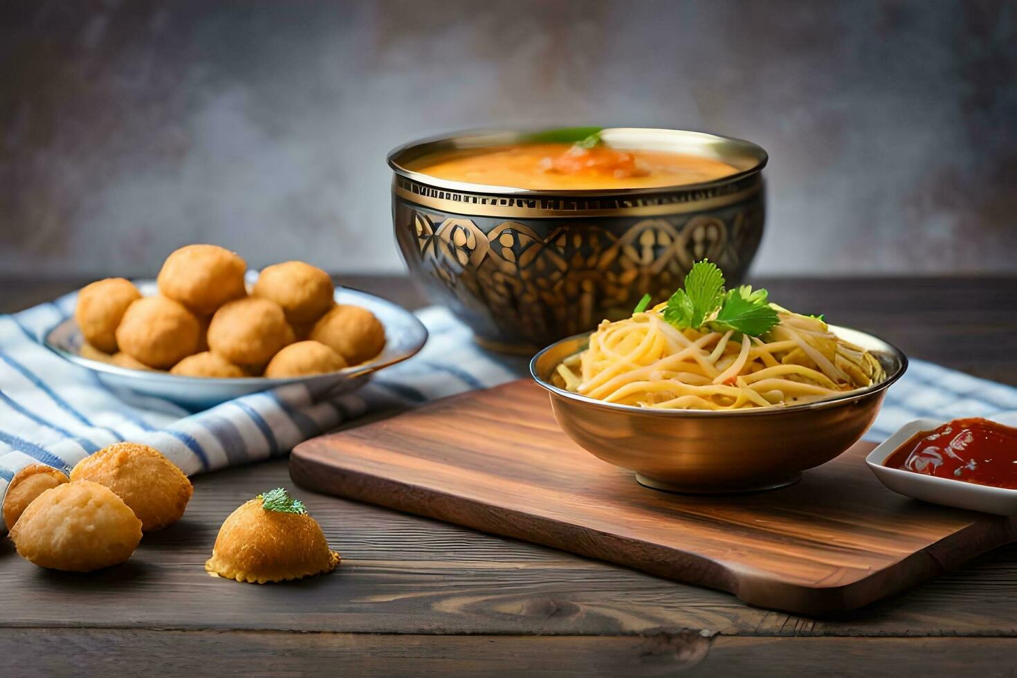 indian food with bowls of noodles and sauce. AI-Generated photo