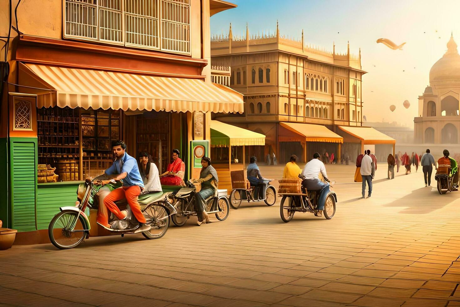 a street scene with people on bikes and people walking. AI-Generated photo