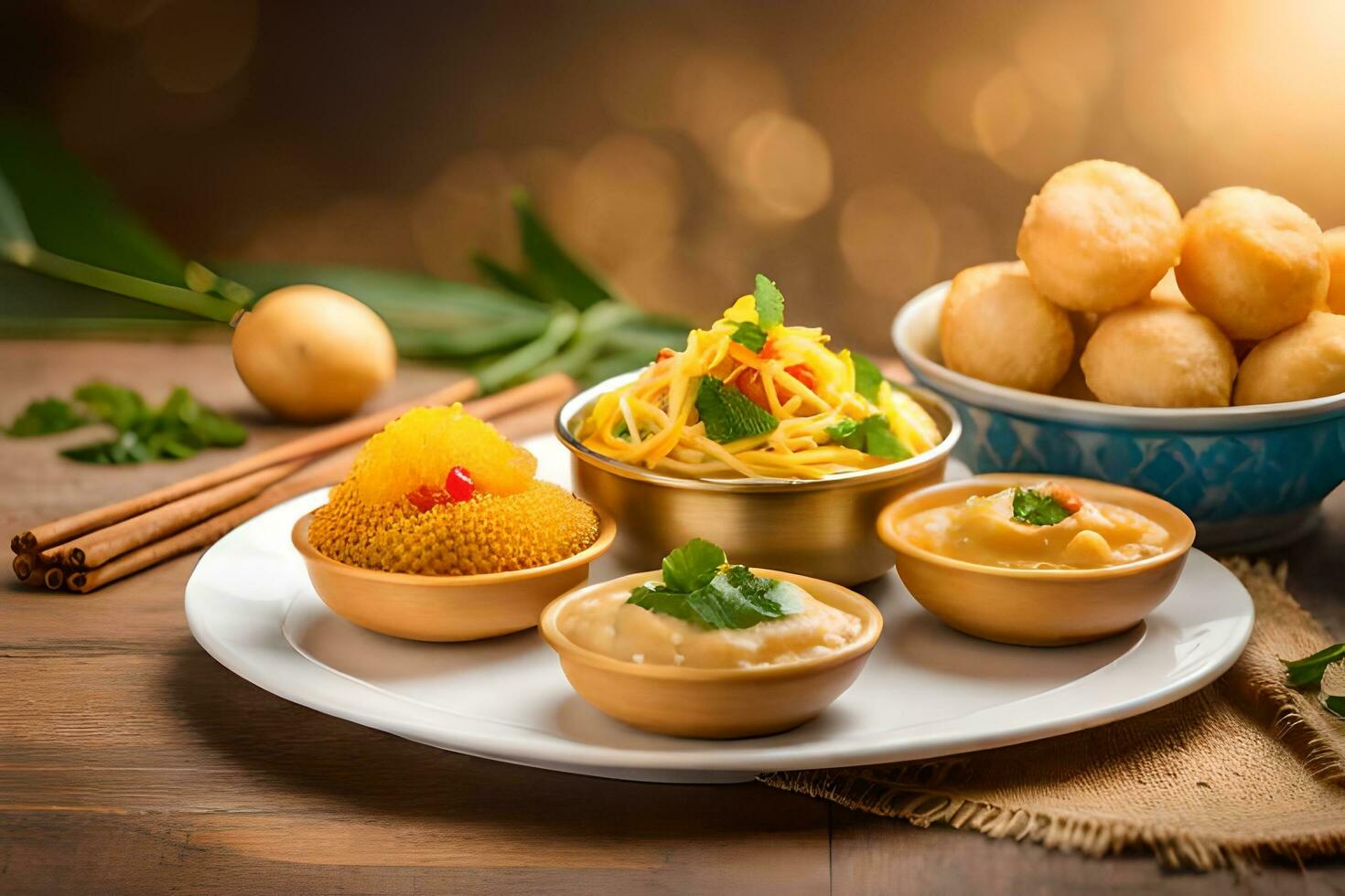 indian food on a wooden table with bowls of food. AI-Generated photo