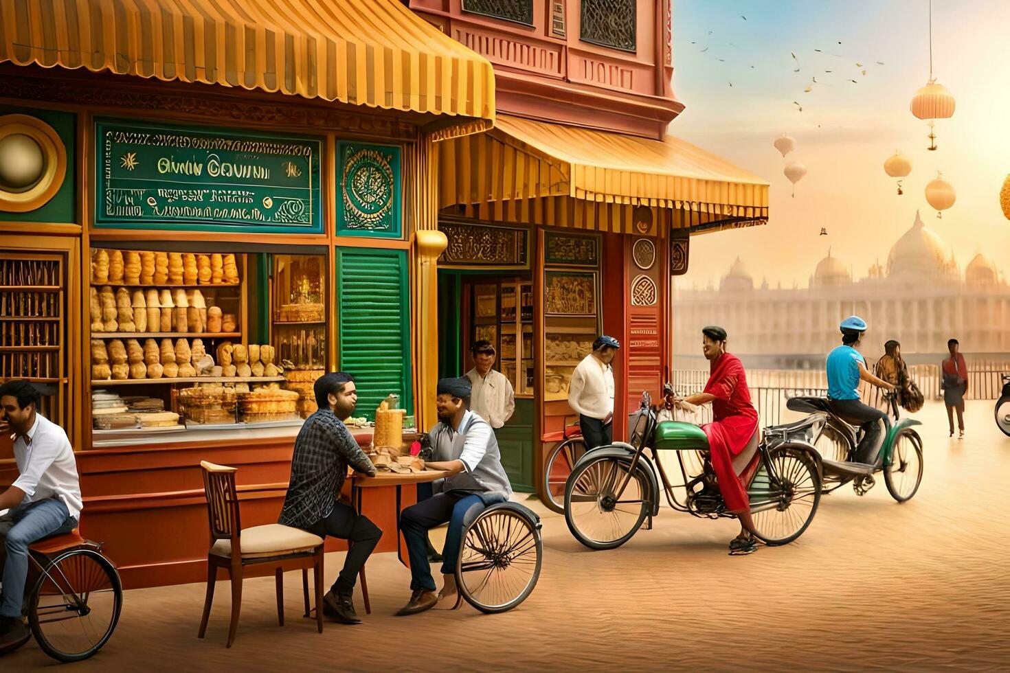 a group of people sitting on bikes in front of a shop. AI-Generated photo