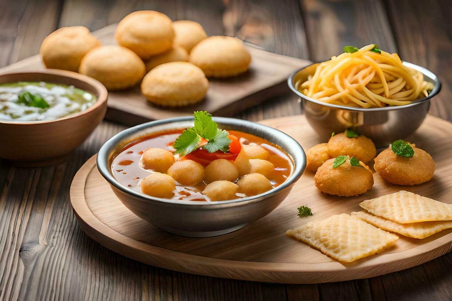 indian food on wooden table with bowls of soup and bread. AI-Generated photo