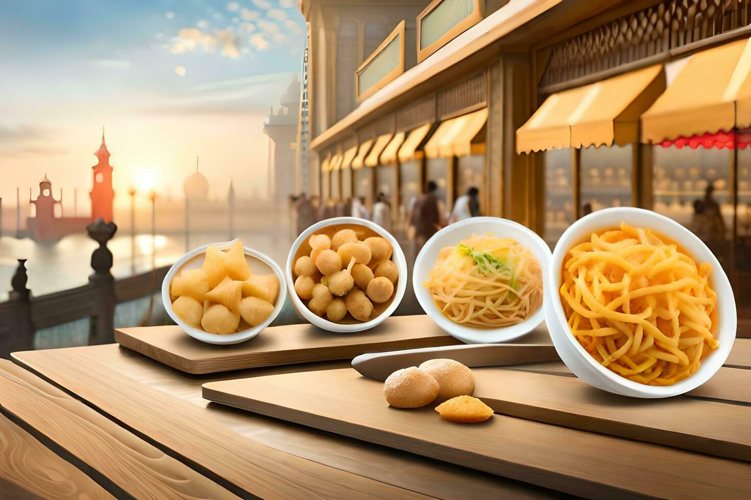 a table with bowls of food and a view of the city. AI-Generated photo