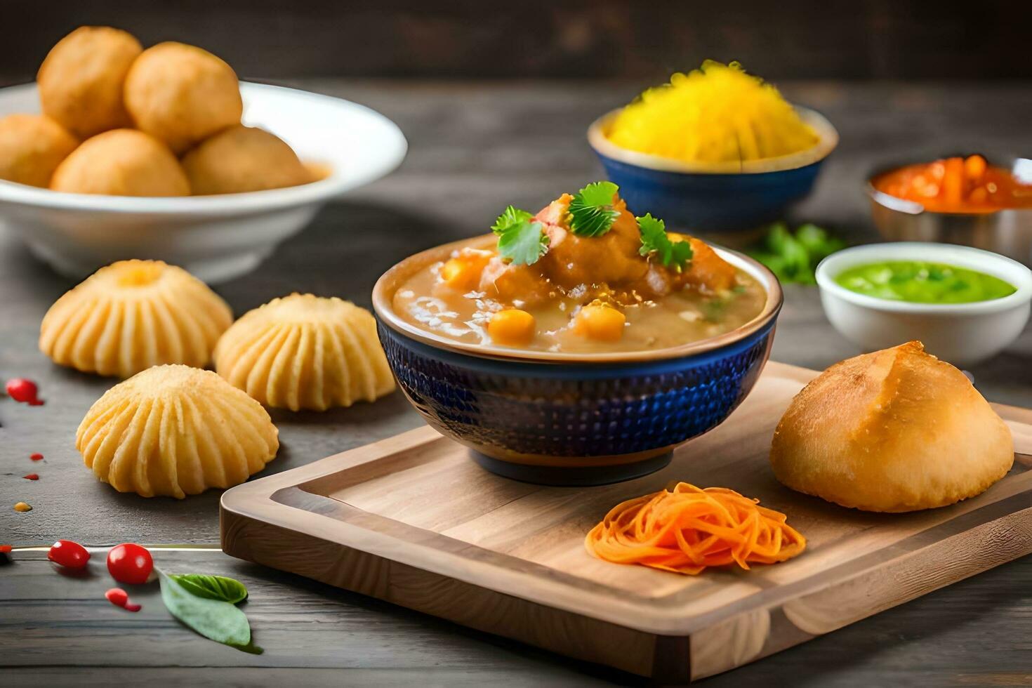indian food with dumplings and vegetables on a wooden table. AI-Generated photo