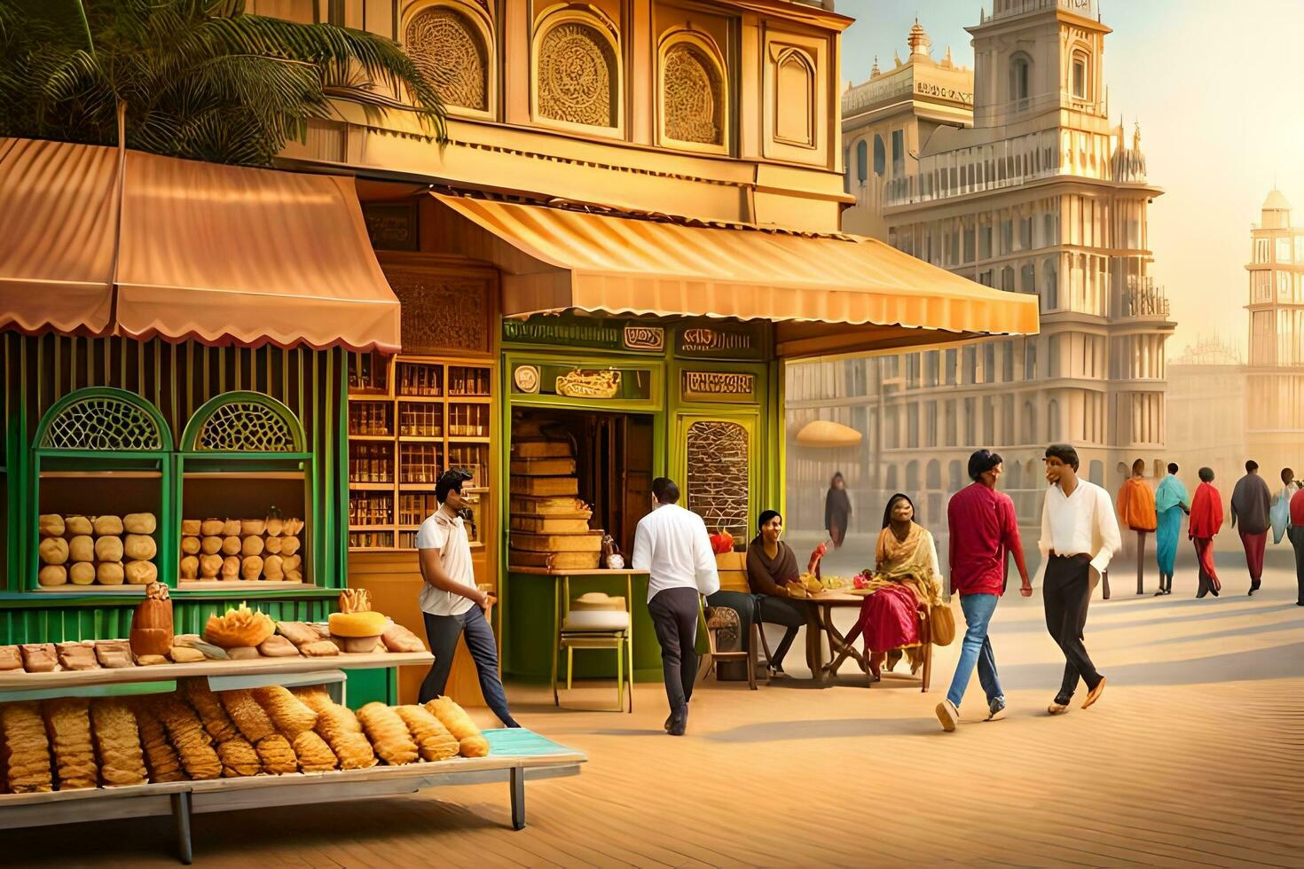 a street scene with people walking around and eating bread. AI-Generated photo