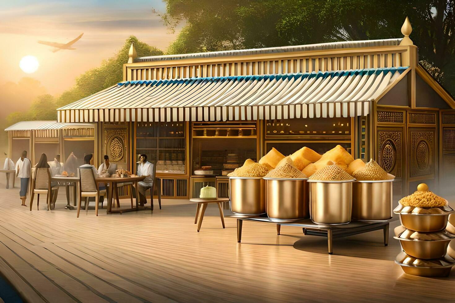 a restaurant with food on tables and people sitting around. AI-Generated photo