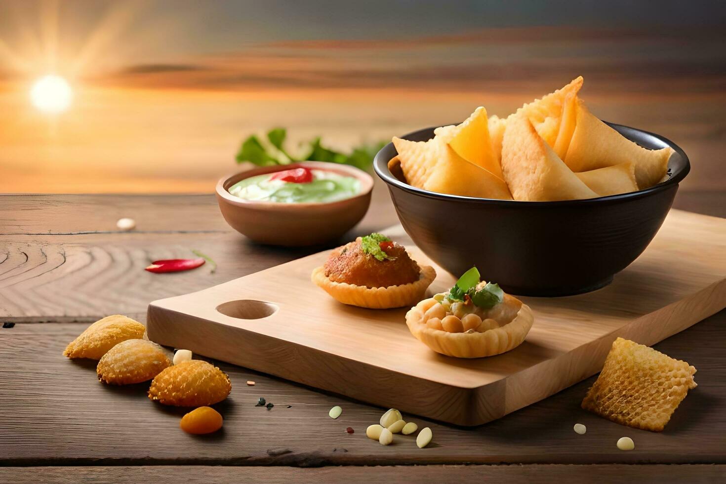 indian snacks on a wooden table with a bowl of dip. AI-Generated photo