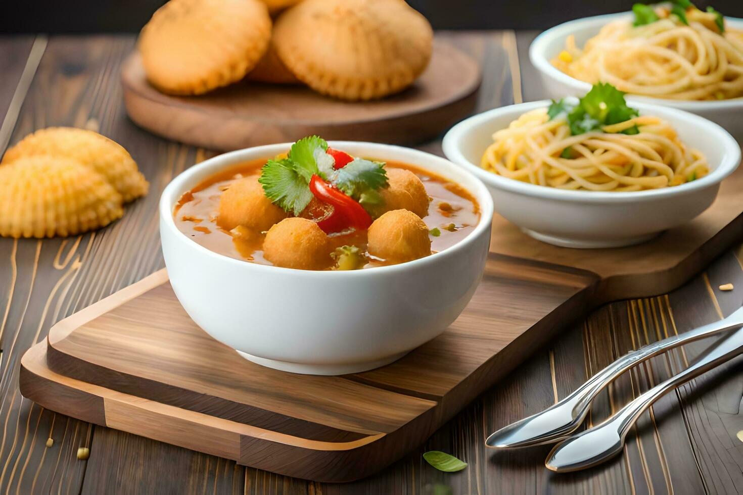 indian food with dumplings and bread. AI-Generated photo