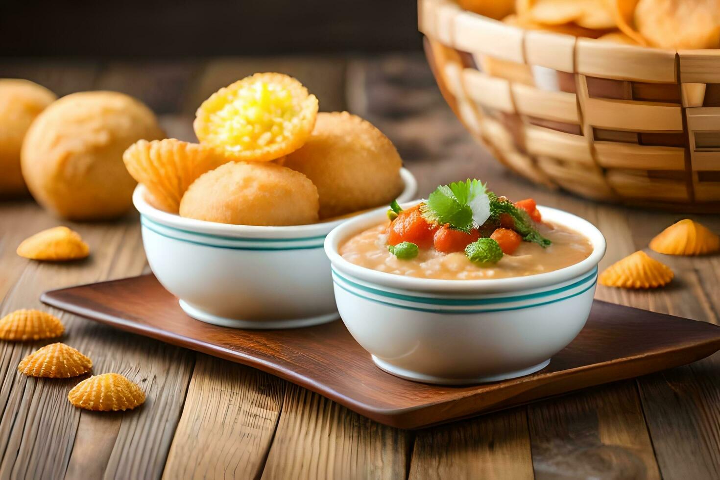 indian food with dip in bowls on wooden table. AI-Generated photo