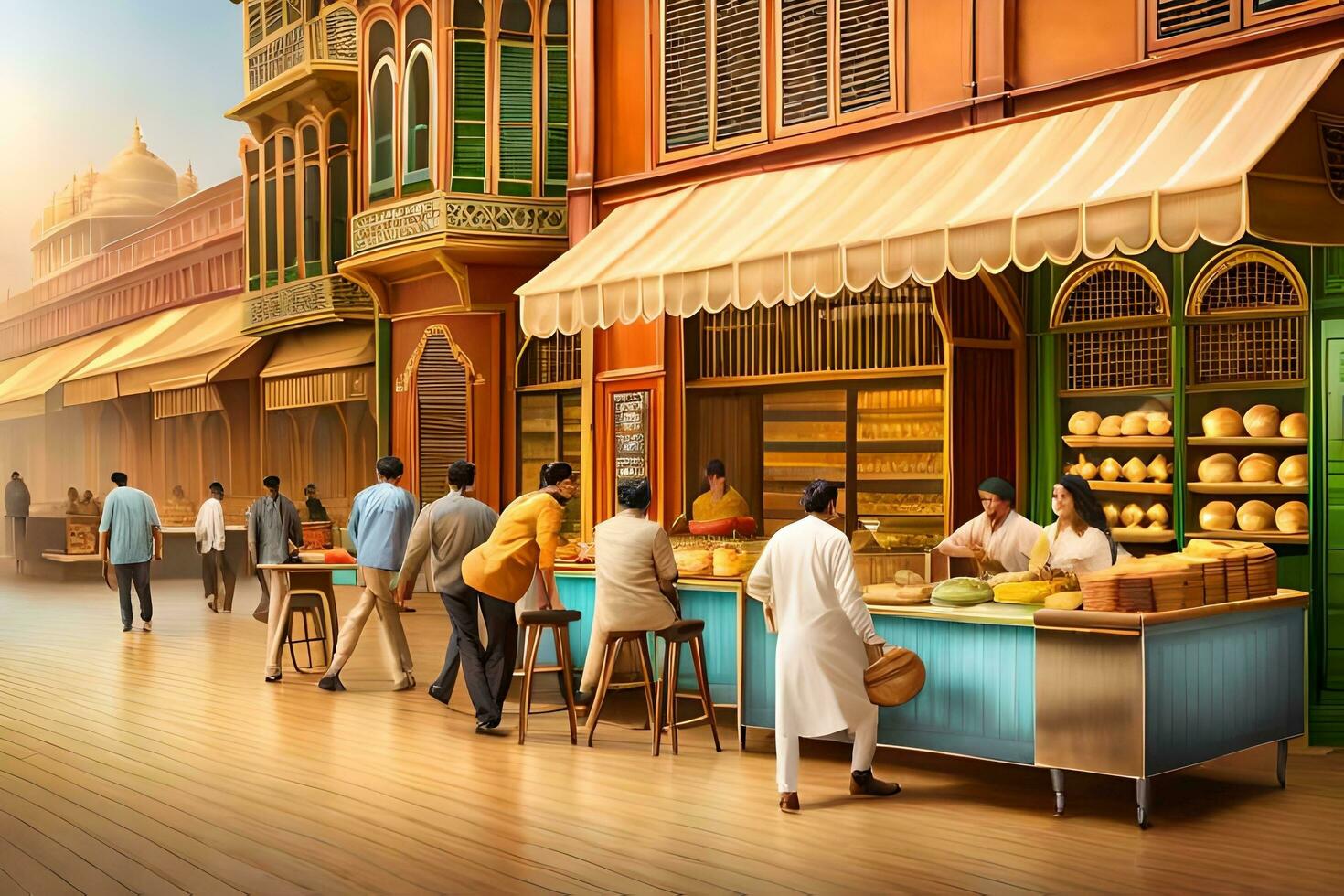 a painting of people standing in front of a store. AI-Generated photo