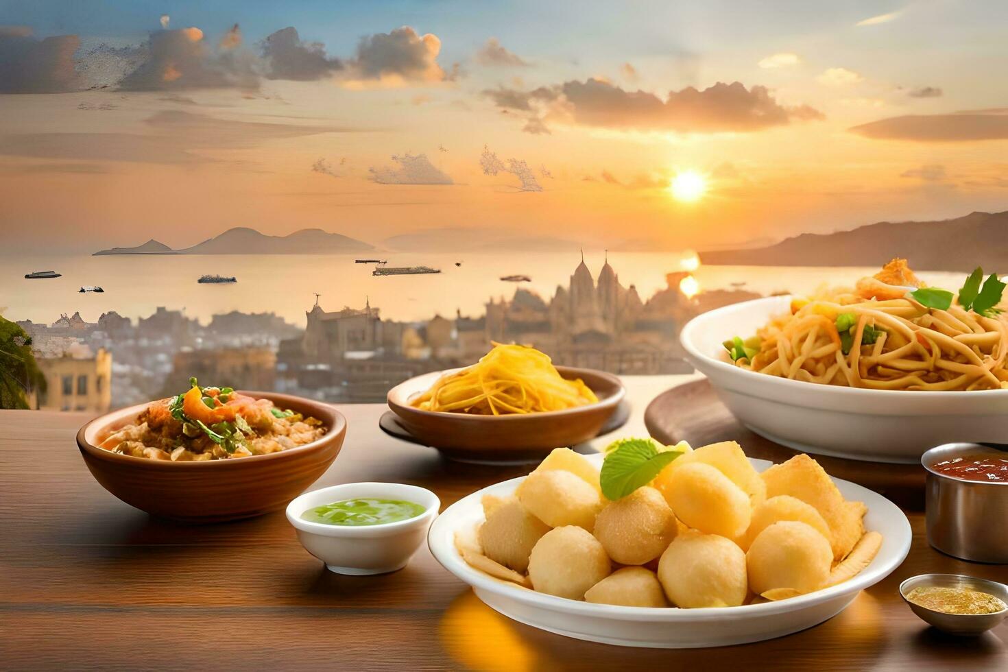 indian food with sunset view on a wooden table. AI-Generated photo