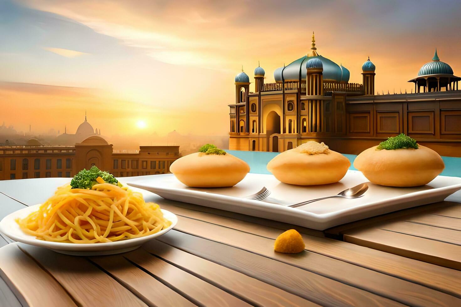 a plate of spaghetti and a bowl of noodles sit on a table in front of a building. AI-Generated photo