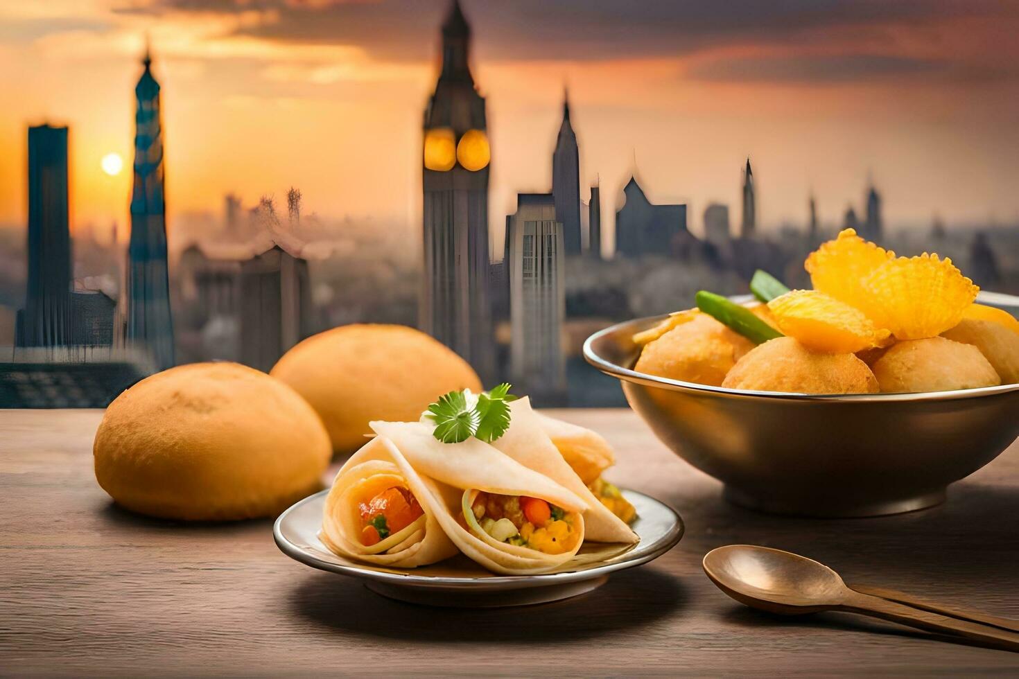 chinese food in a bowl with a view of the city skyline. AI-Generated photo