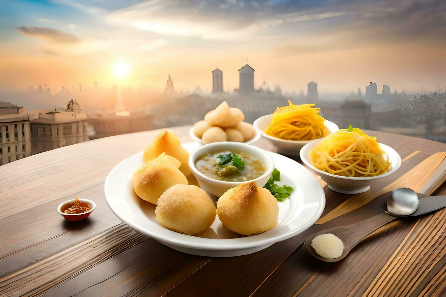 chinese food with a view of the city skyline. AI-Generated photo