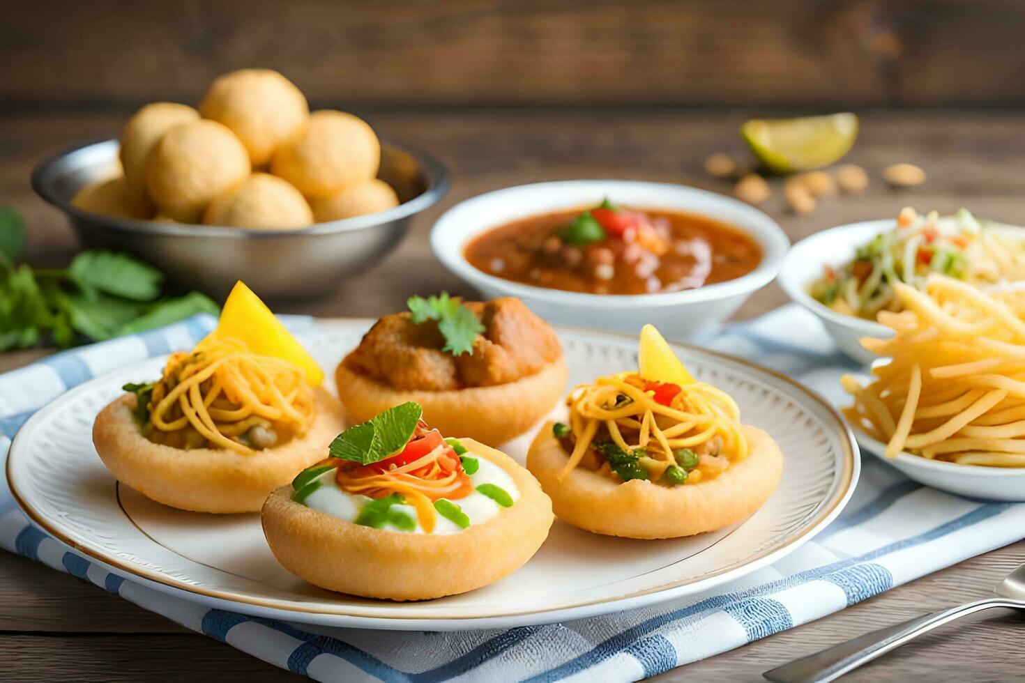 indian food on a plate with bowls of food. AI-Generated photo