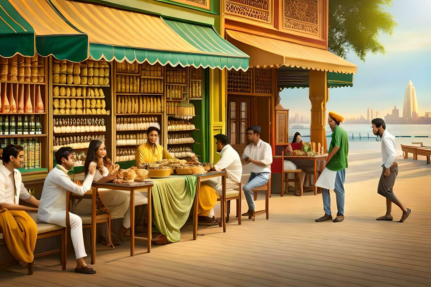 a group of people sitting at tables in front of a restaurant. AI-Generated photo