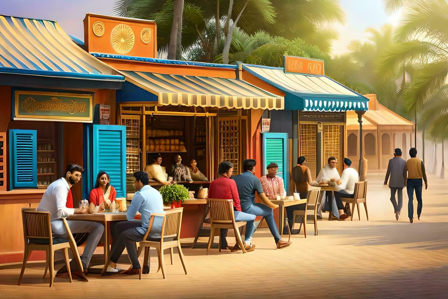 a rendering of a street scene with people sitting at tables. AI-Generated photo