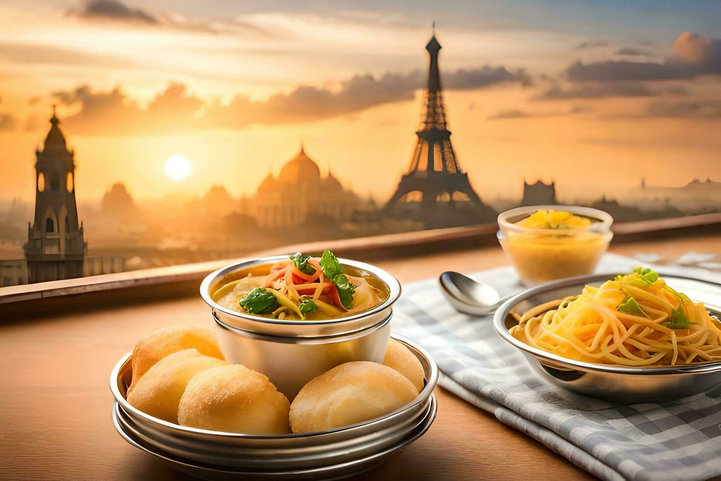 food in bowls and plates with a view of the eiffel tower. AI-Generated photo