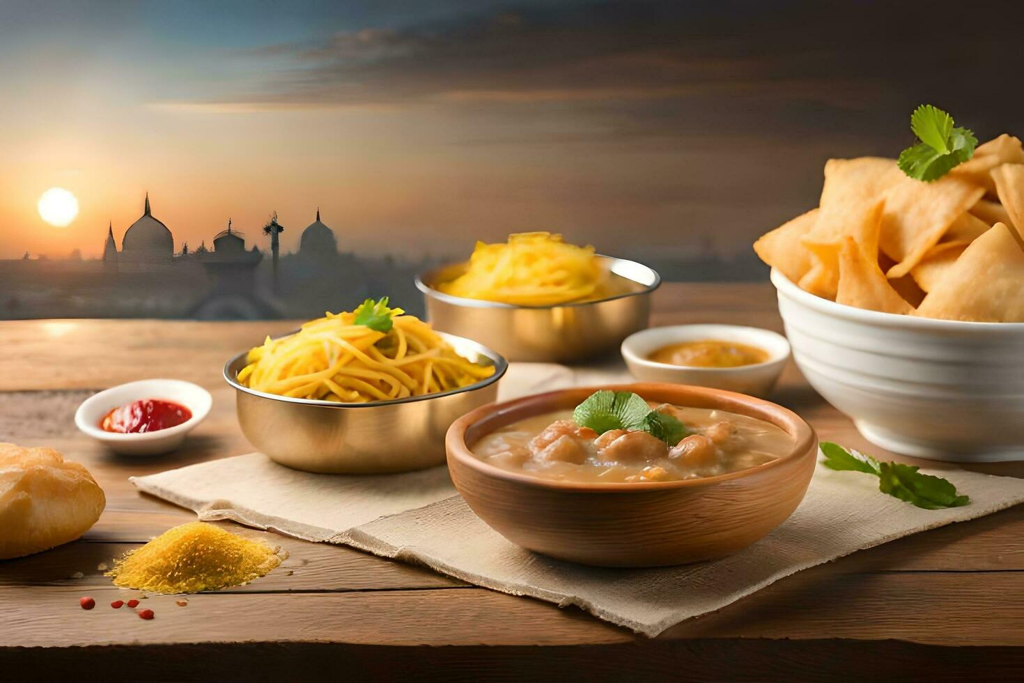 indian food on wooden table with sunset background. AI-Generated photo