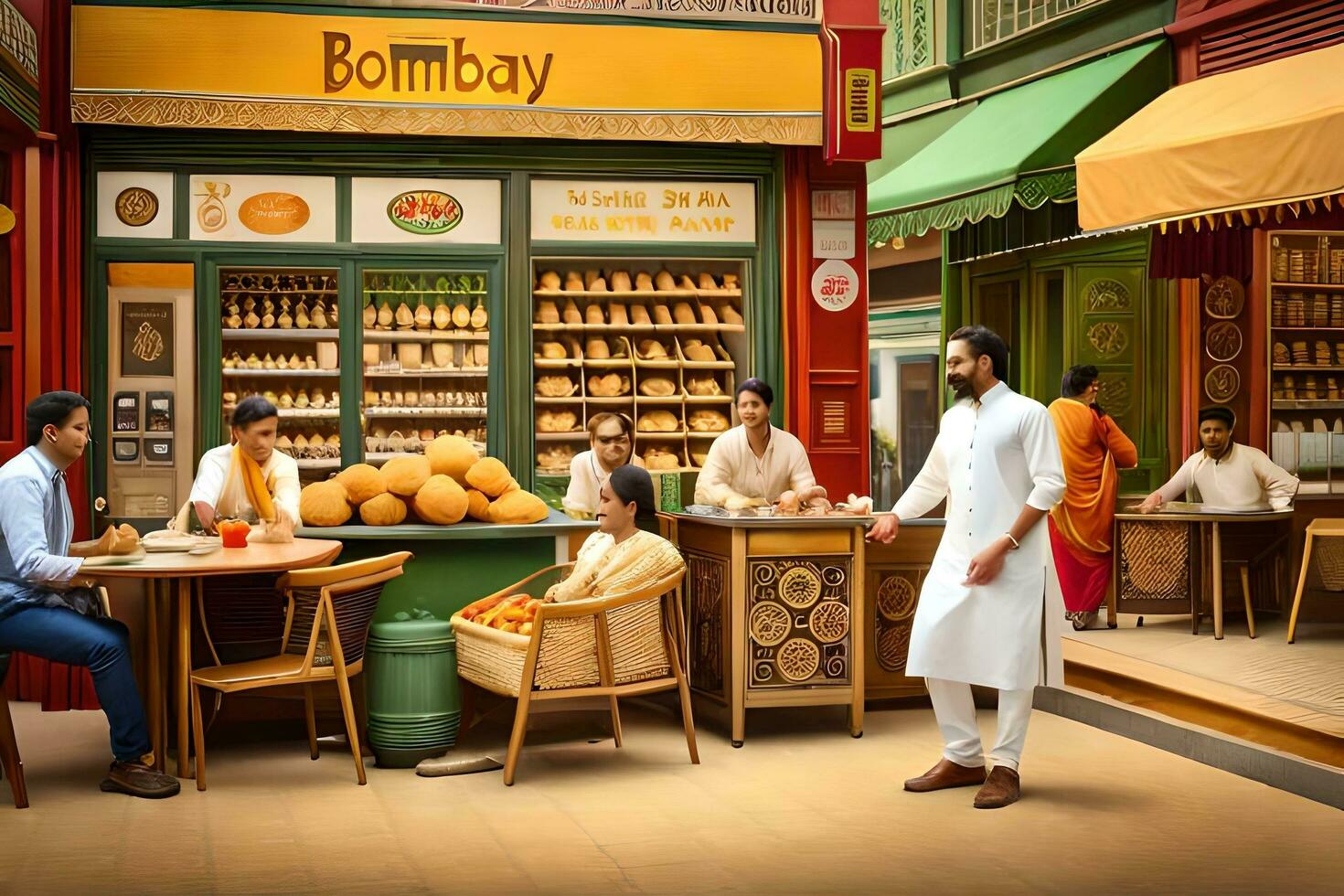 a man in a white shirt is standing in front of a shop. AI-Generated photo