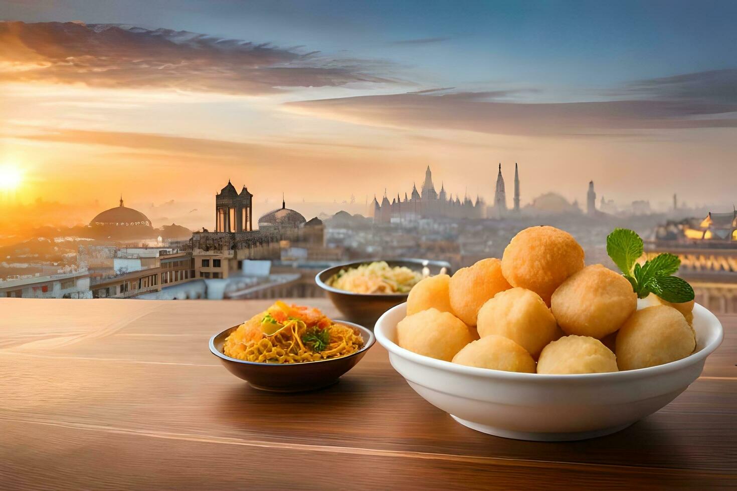 indian food in a bowl with a view of the city skyline. AI-Generated photo