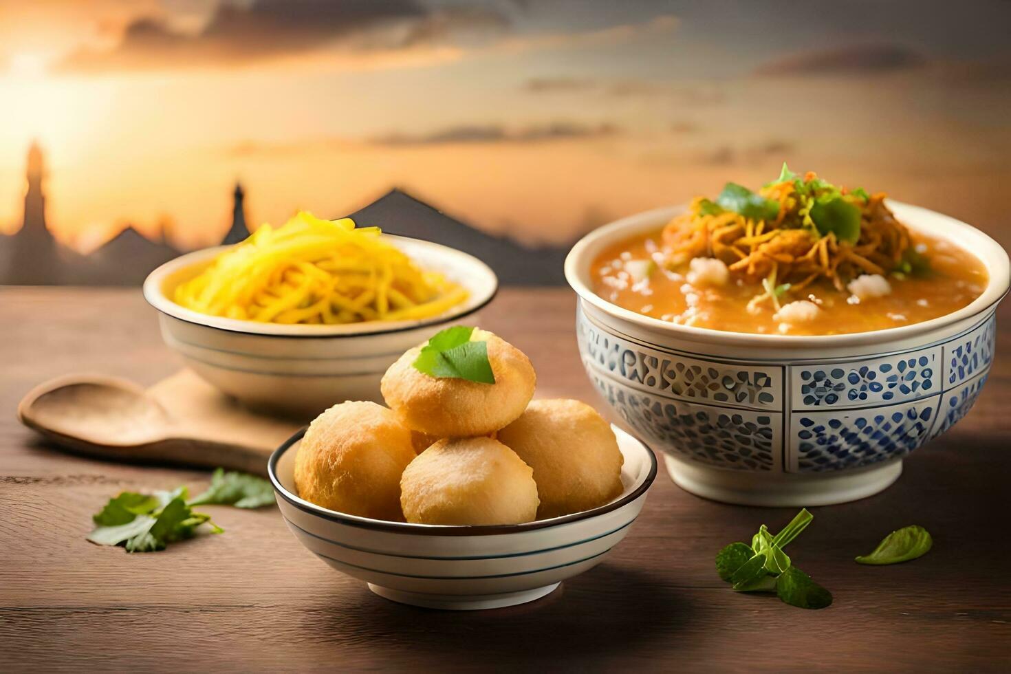 indian food in bowls with rice and dumplings on wooden table. AI-Generated photo