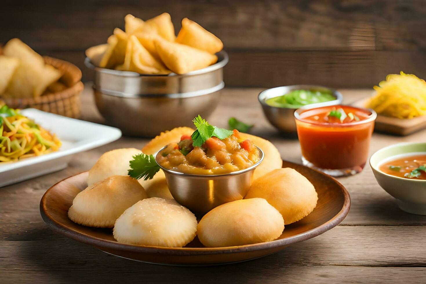 indian food on wooden table with bowls of food. AI-Generated photo