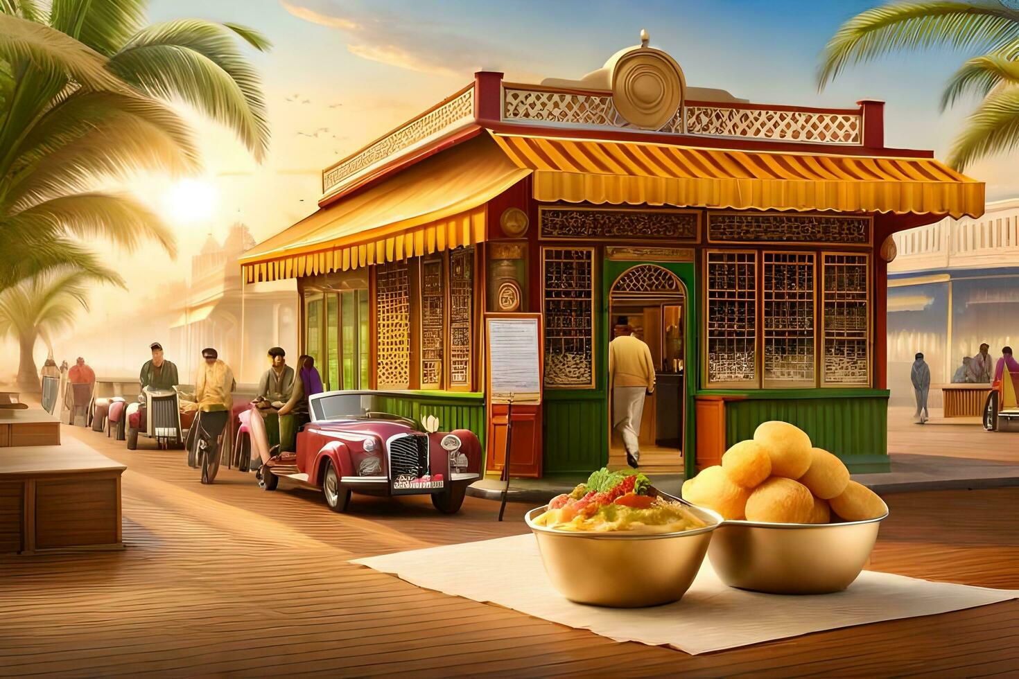 a restaurant with a car and two bowls of food. AI-Generated photo