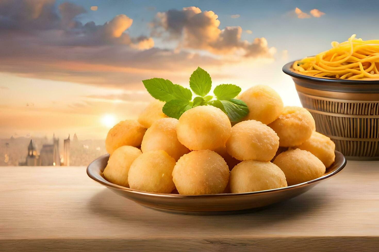 chinese food in a bowl and a basket on a wooden table with a sunset background. AI-Generated photo