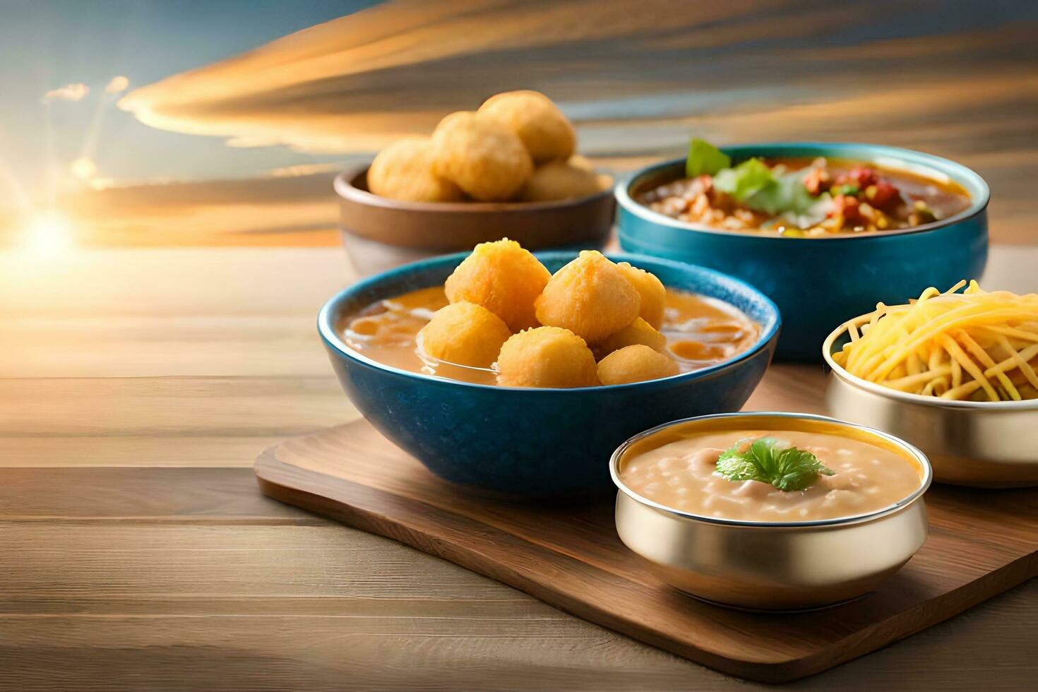 indian food in bowls on a wooden table. AI-Generated photo