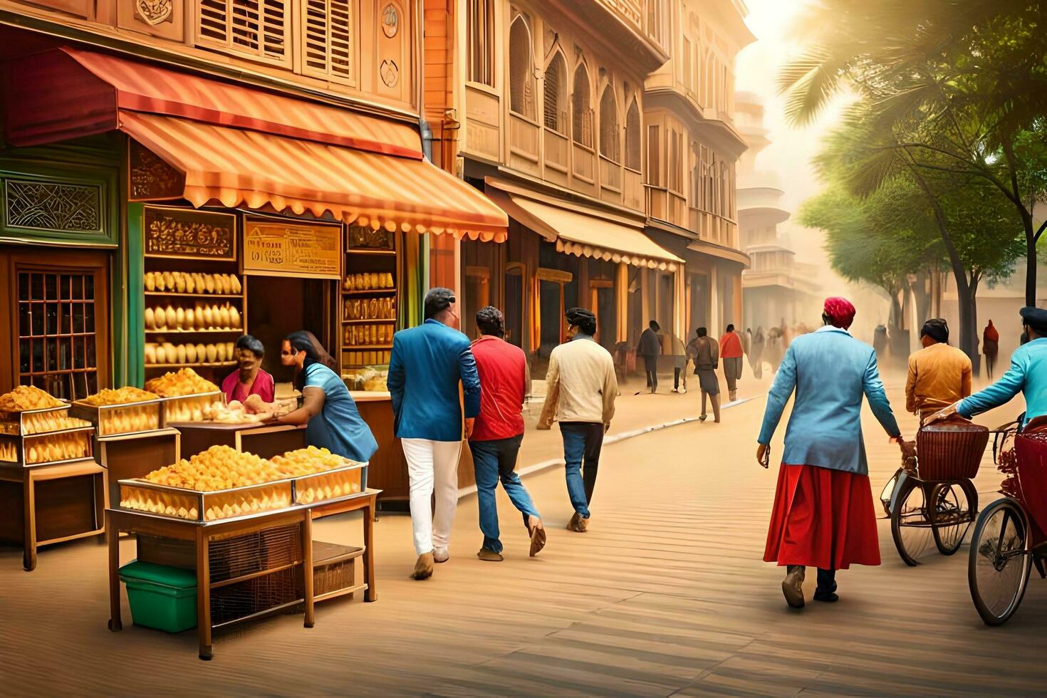 people walking down the street in india. AI-Generated photo