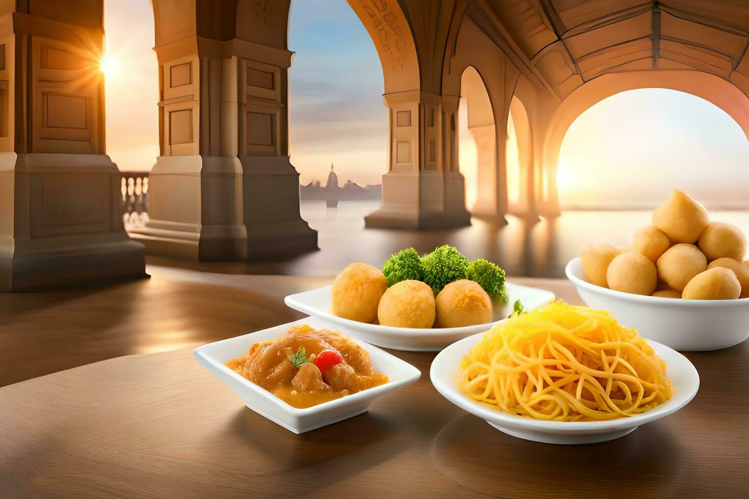 a table with bowls of food and a bridge in the background. AI-Generated photo