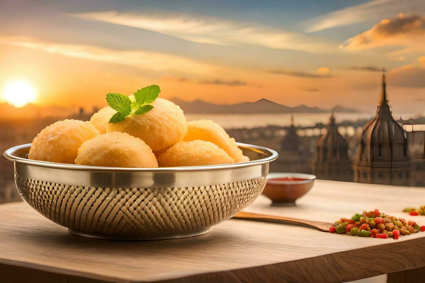 un cuenco de comida con un ver de el ciudad. generado por ai foto