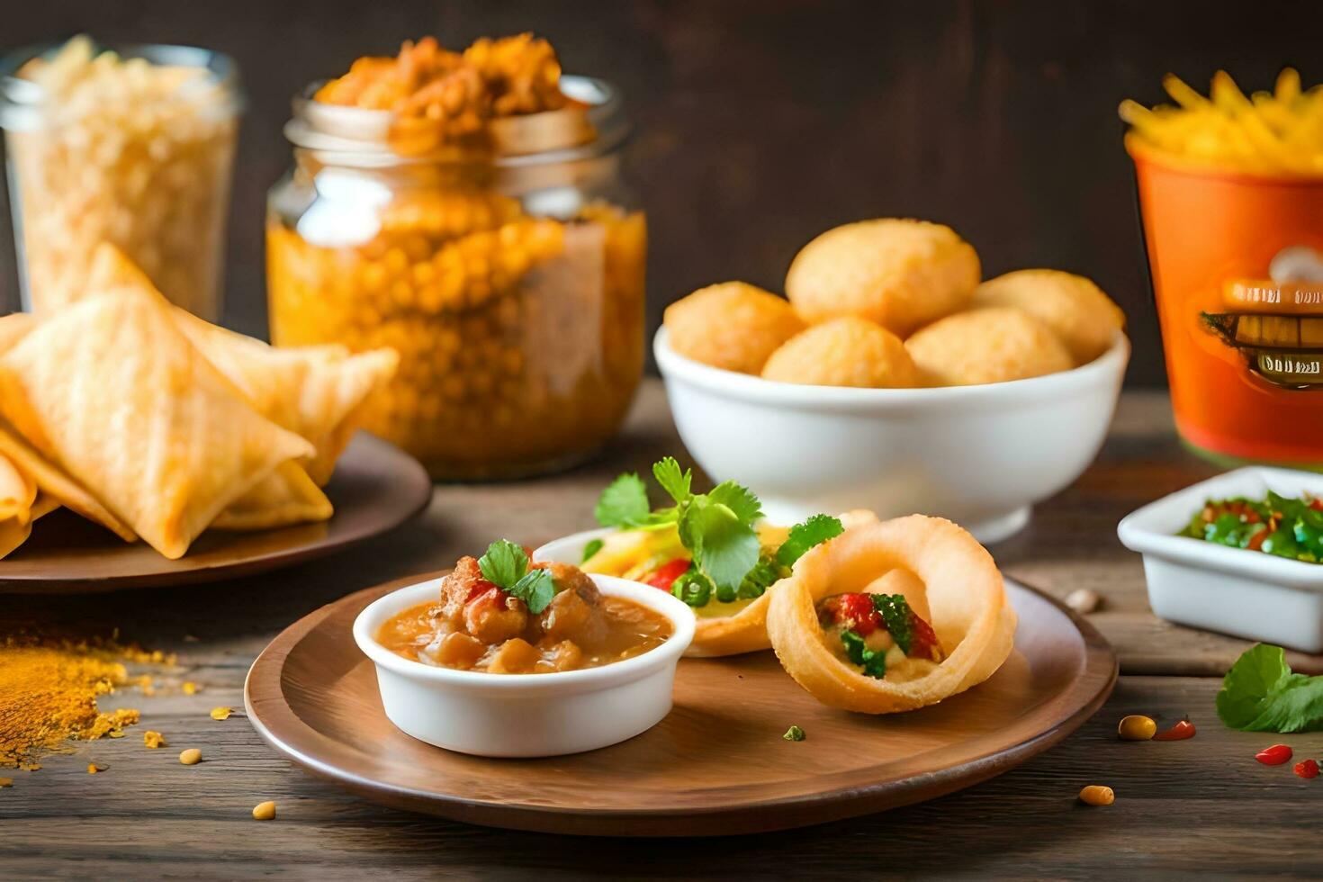 indian food on wooden table with bowls of food. AI-Generated photo