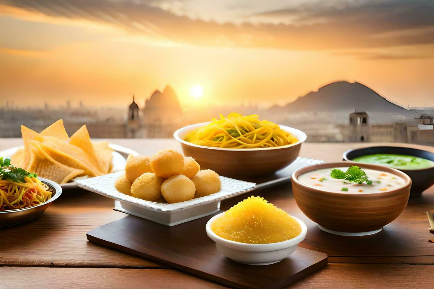 indian food on a wooden table with a sunset in the background. AI-Generated photo