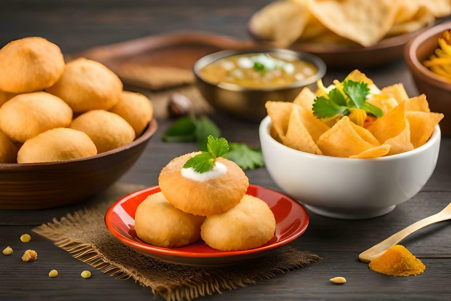 indian food with chips and dip. AI-Generated photo