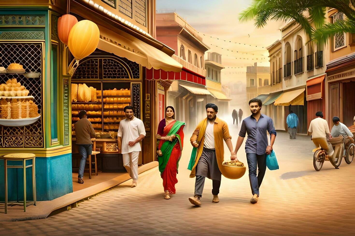 a group of people walking down a street in india. AI-Generated photo